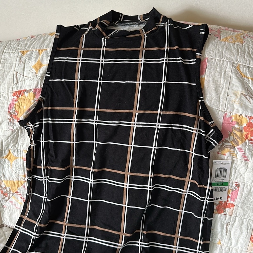 Charter Club Sleeveless top Size L Black with tan & beige check pattern NWT